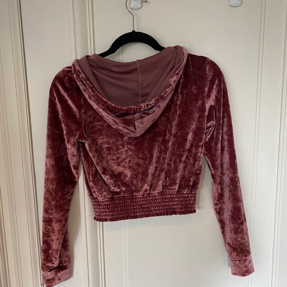 Cropped Pink Velour Drawstring Hoodie size Small - Picture 2 of 3